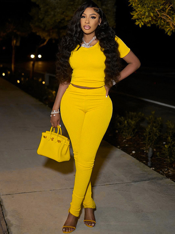 Summer solid color ribbed V-neck short-sleeved top tight pants casual suit