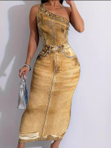 Fashionable sexy printed slash shoulder long bodycon dress