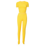 Summer solid color ribbed V-neck short-sleeved top tight pants casual suit