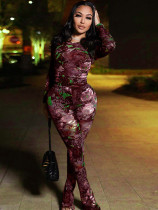 Summer Fashion Mesh Printed Tight Top Trousers Casual Set