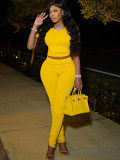 Summer solid color ribbed V-neck short-sleeved top tight pants casual suit