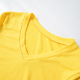 Summer solid color ribbed V-neck short-sleeved top tight pants casual suit