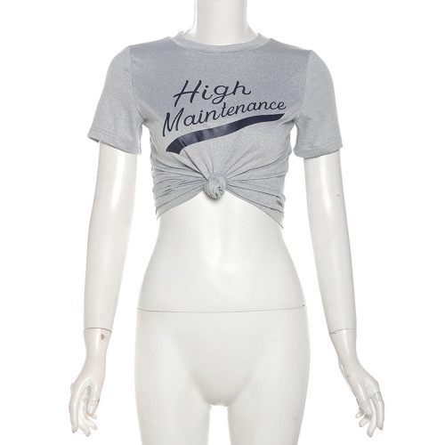 Letter Printed Round Neck Slim Short T-Shirt Fashion Casual Top