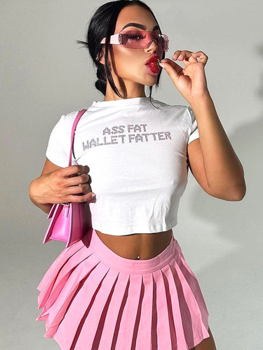 Fashion round neck sexy short sleeve letter diamond crop top T-shirt