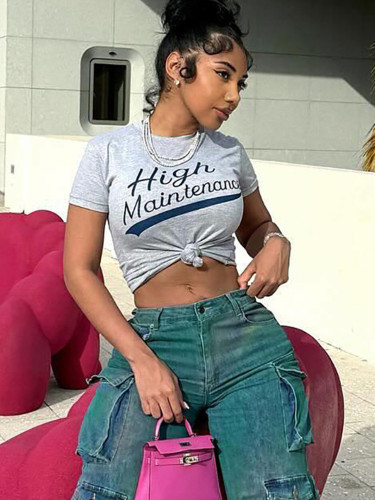 Letter Printed Round Neck Slim Short T-Shirt Fashion Casual Top