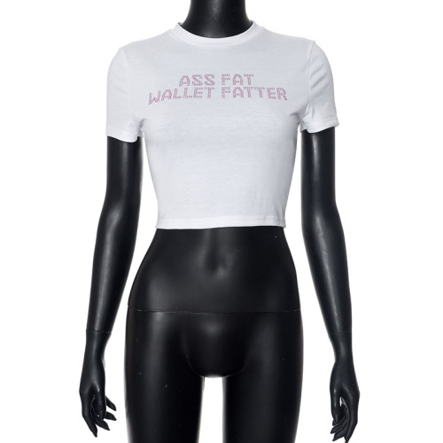 Fashion round neck sexy short sleeve letter diamond crop top T-shirt