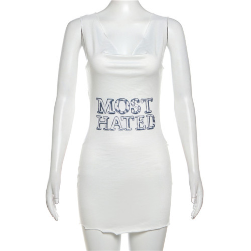 Summer backless letter print irregular hollow dress