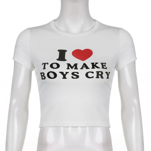 Fashion round neck letter print short sleeve crop top short T-shirt