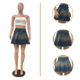 Casual washed denim pleated skirt
