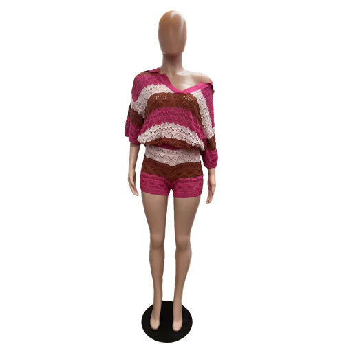 Fashion Women's Striped Sweater Casual Shorts Set