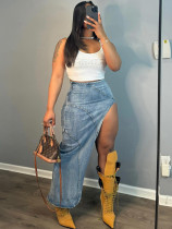 Casual Sexy High Slit Stretch Denim Skirt
