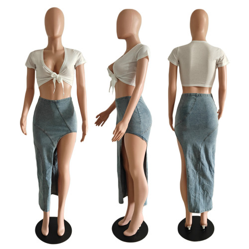 Casual Sexy High Slit Stretch Denim Skirt
