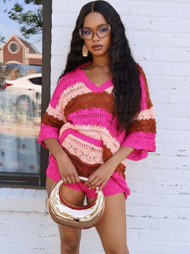 Fashion Women's Striped Sweater Casual Shorts Set