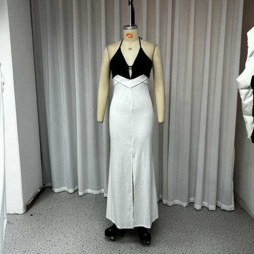 Fashionable contrast color sexy sleeveless straps evening dress