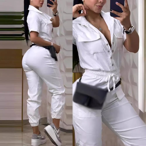 Summer women's casual multi-pocket elastic cargo jumpsuit