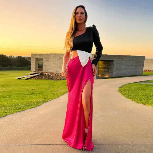Elegant long-sleeved color-blocked one-shoulder high-slit bow long dress