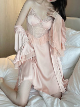 Women's home wear satin breathable nightgown robe set