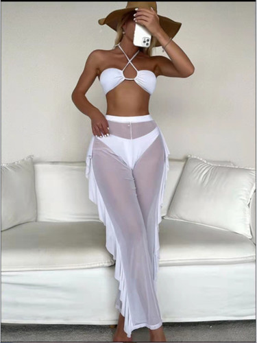 Mesh solid color three-piece bikini thong sexy swimsuit