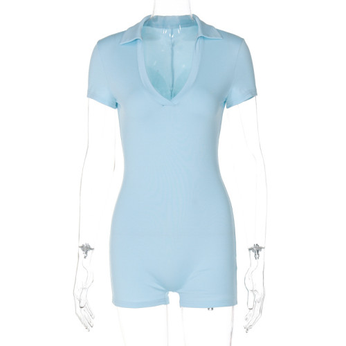 Summer solid color short-sleeved V-neck tight hip-lifting sports yoga rompers jumpsuit