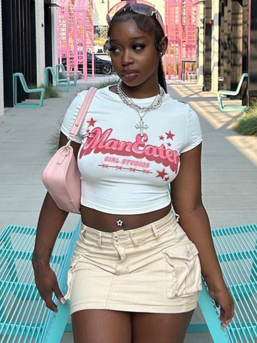 Fashion printed short-sleeved tops summer slim fit cropped T-shirt