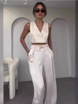 Solid color V-neck uncut vest lapel wide-leg trousers suit