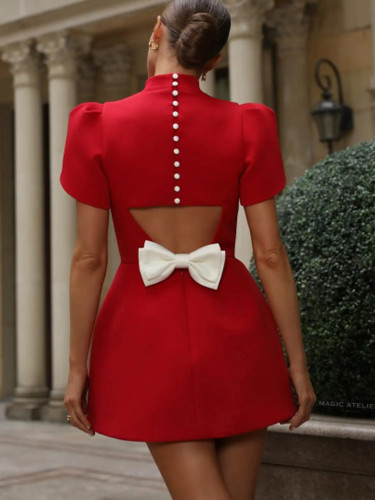 Solid color half turtleneck short sleeve red dress