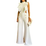 Solid color round neck ruffled elastic waist ladies wide leg jumpsuit