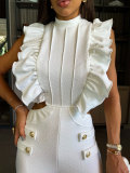 Solid color round neck ruffled elastic waist ladies wide leg jumpsuit