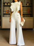 Solid color round neck ruffled elastic waist ladies wide leg jumpsuit