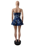 Denim Printed Strapless Elastic Ruffle Dress