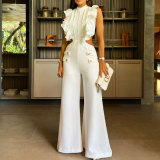 Solid color round neck ruffled elastic waist ladies wide leg jumpsuit