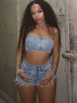 Embroidered denim skirt suit vest short skirt stretch suit