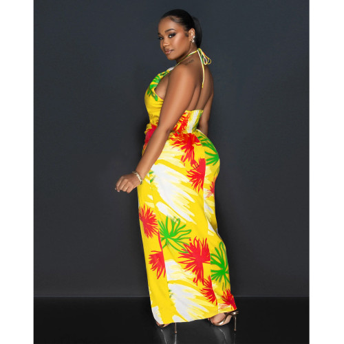 Fashion women's backless lace-up printed long dress