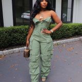 Fashionable sexy tube top single-breasted multi-pocket cargo jumpsuit