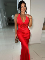 Floral V-neck sleeveless sexy backless evening dress