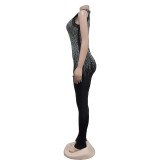 Fashion women's solid color mesh rhinestone sleeveless long jumpsuit