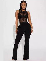 Sexy see-through mesh sleeveless slim fit flared high waist jumpsuit