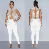 Fashion women's solid color mesh rhinestone sleeveless long jumpsuit