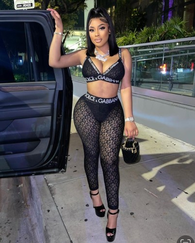 Sexy mesh printed letters nightclub style trousers suit