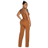 Fashion solid color Slim fit one shoulder wide leg jumpsuit