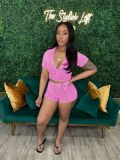 Lapel Deep V Short Sleeve Ribbed Shorts Set