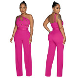 Fashion solid color Slim fit one shoulder wide leg jumpsuit