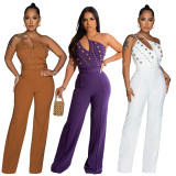 Fashion solid color Slim fit one shoulder wide leg jumpsuit