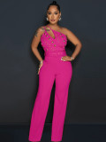 Fashion solid color Slim fit one shoulder wide leg jumpsuit