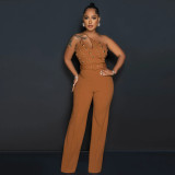 Fashion solid color Slim fit one shoulder wide leg jumpsuit