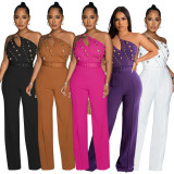 Fashion solid color Slim fit one shoulder wide leg jumpsuit