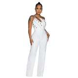 Fashion solid color Slim fit one shoulder wide leg jumpsuit