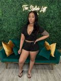 Lapel Deep V Short Sleeve Ribbed Shorts Set