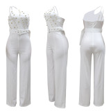 Fashion solid color Slim fit one shoulder wide leg jumpsuit