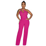 Fashion solid color Slim fit one shoulder wide leg jumpsuit